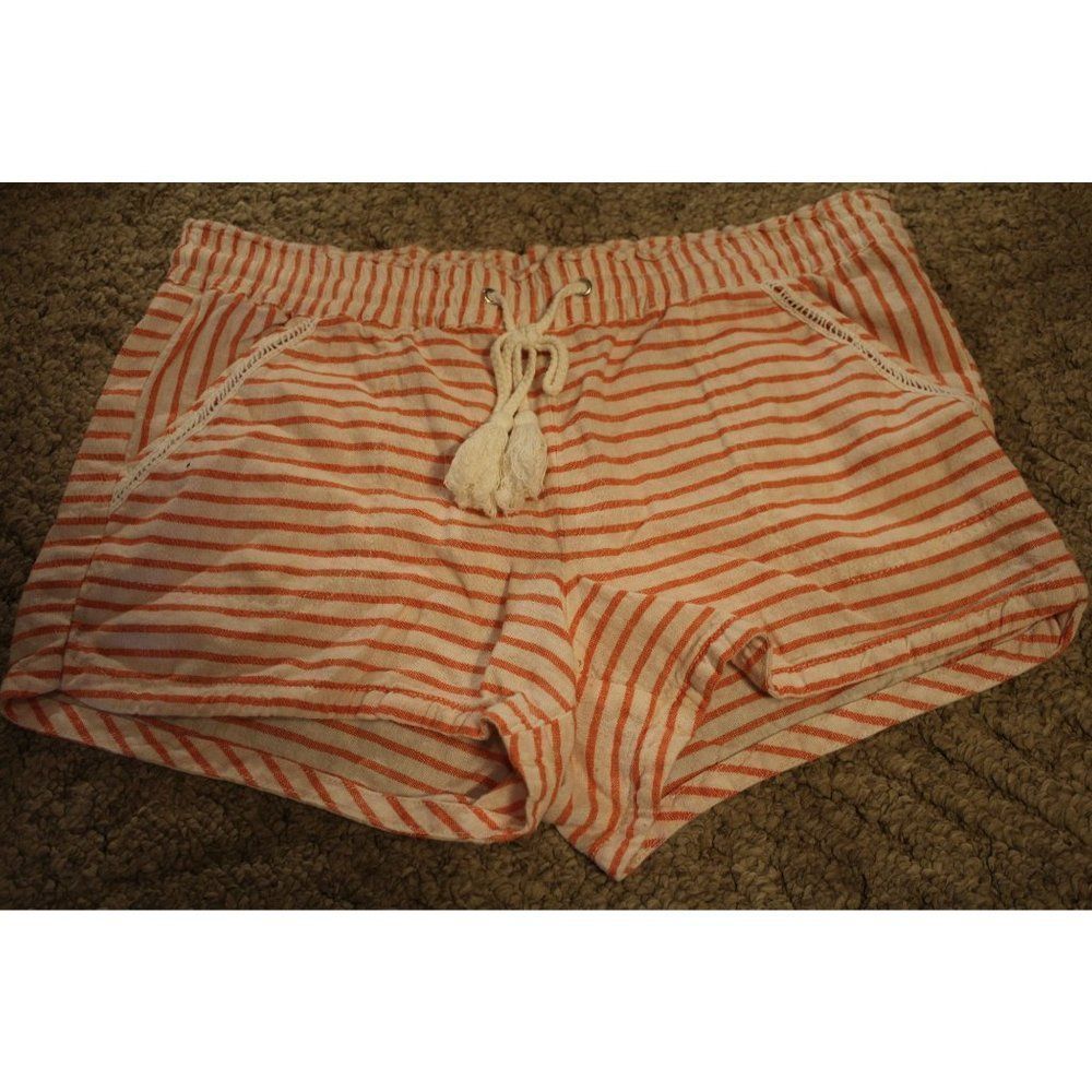 Jolt Women Large Coral Cream Stripe Elastic Tassel Drawstring BOHO Pocket Shorts